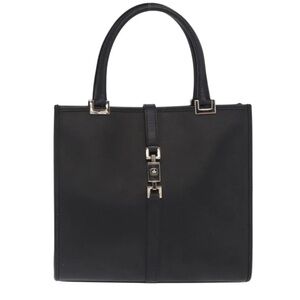 GUCCI Jackie Clasp Black Leather Rolled Handles Tall Black Nylon Tote Bag MINT
